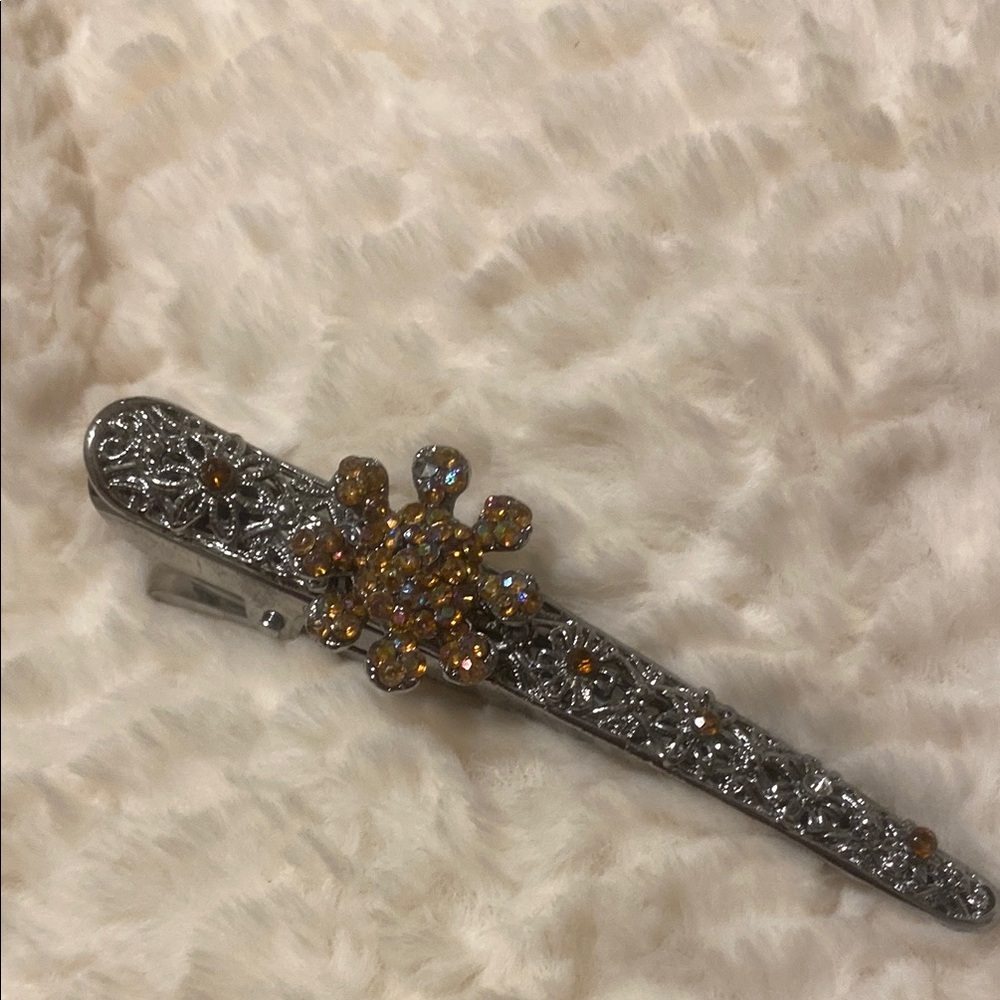 Silver Hair Clip with Amber Rhinestones